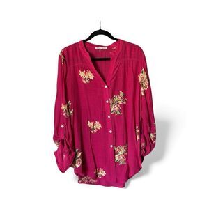 Figueroa & Flower Pink Magenta Floral Embroidered Button Down Top Size XL